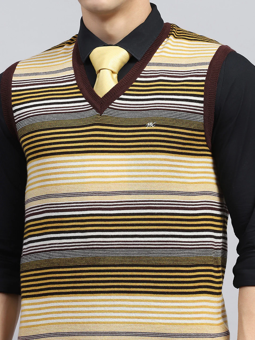 Men Yellow & Brown Stripe V Neck Sleeveless Sweater - Image 6
