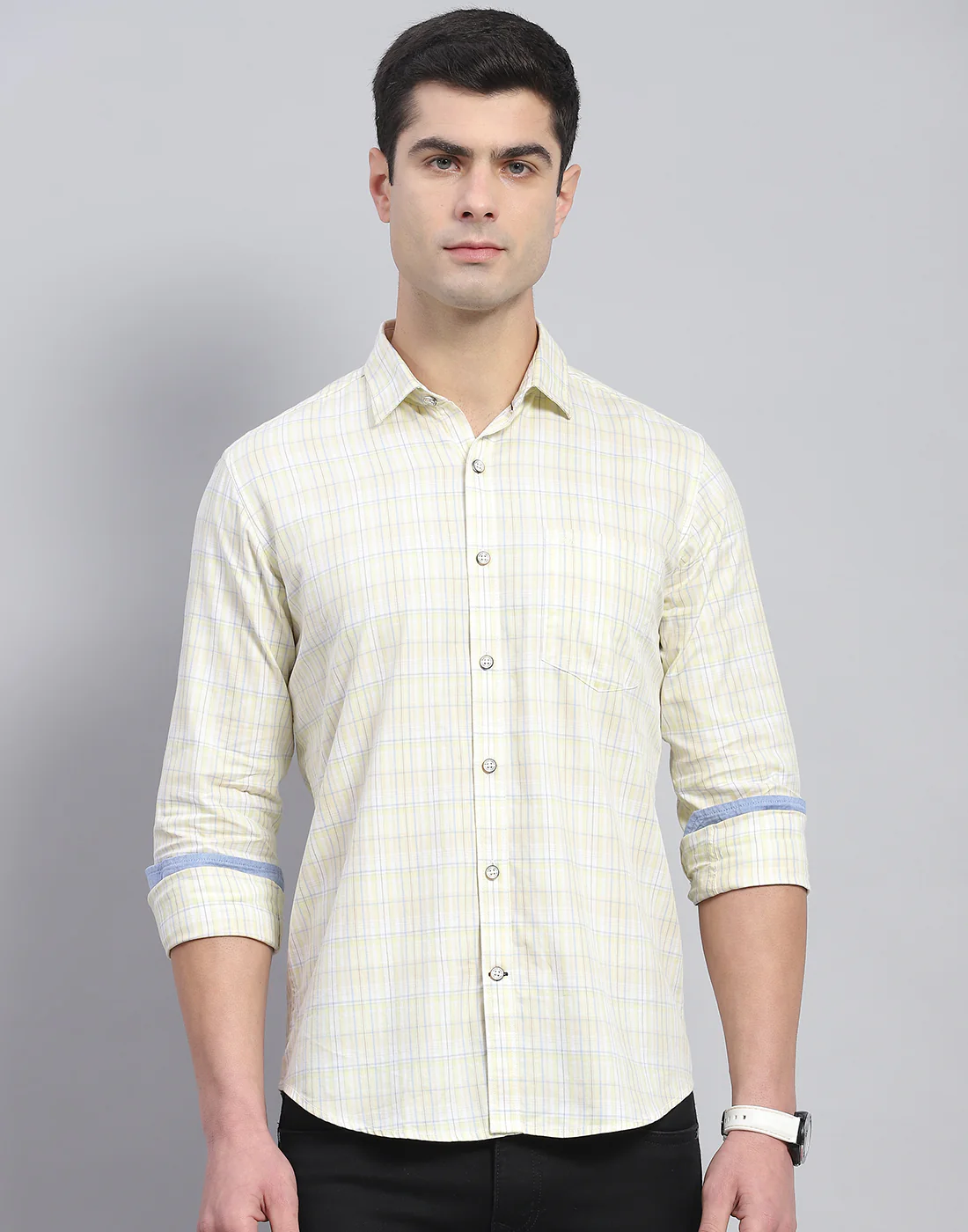 Men Yellow Check Collar Full Sleeve Shirt - Image 3