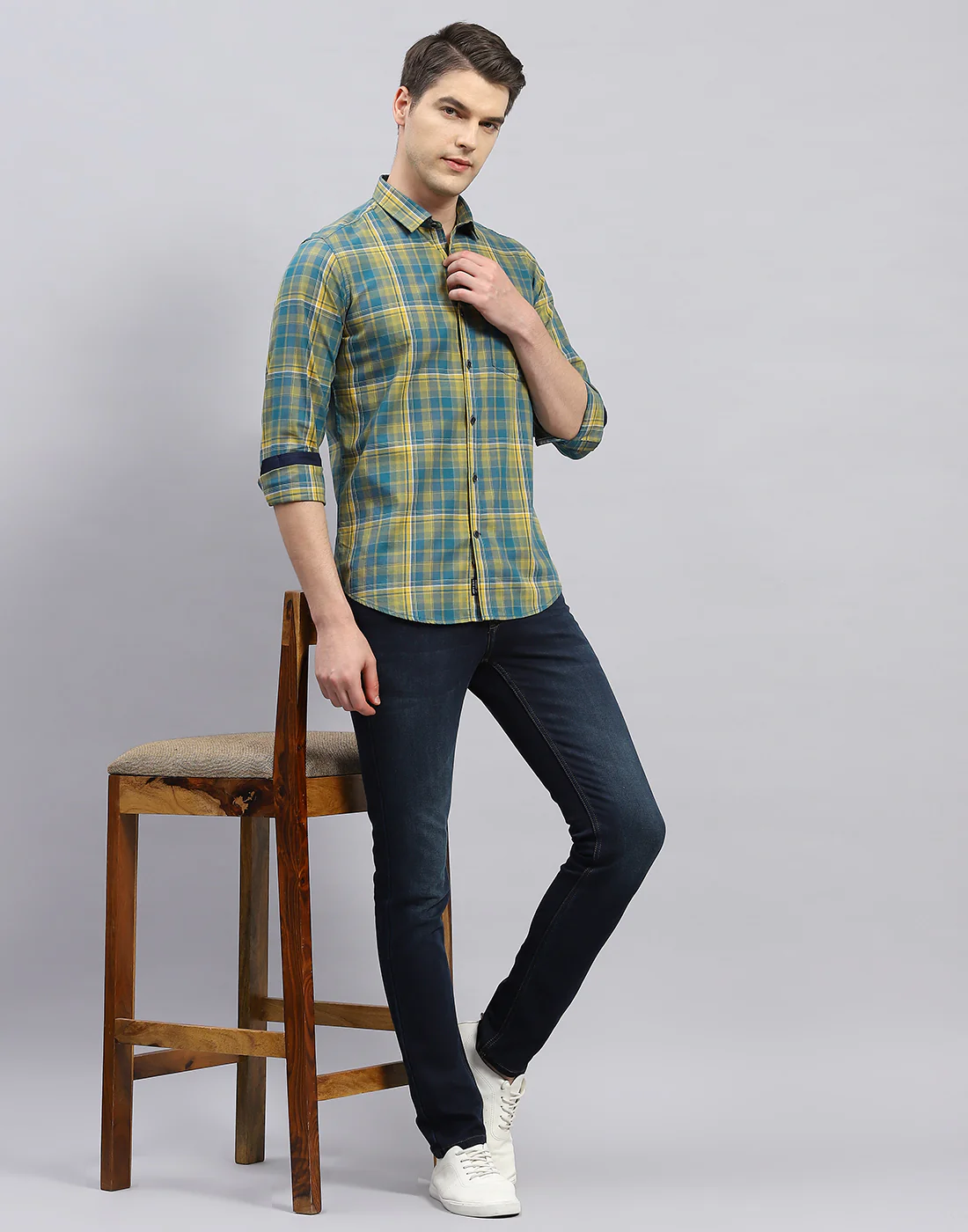 Men Yellow Check Collar Full Sleeve Shirt - Image 2