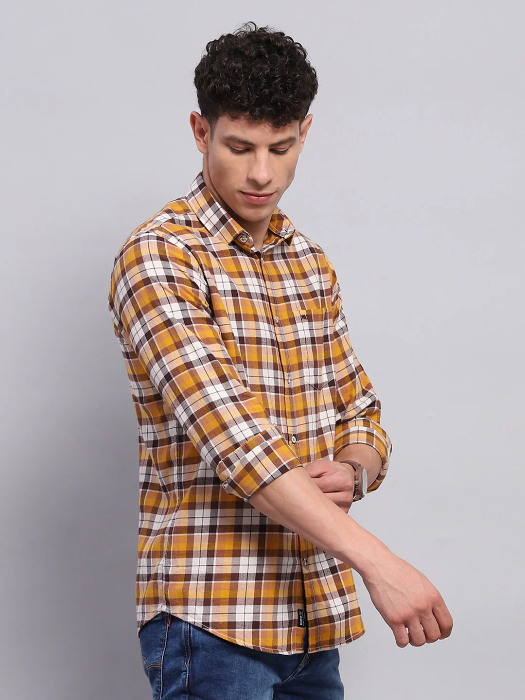 Men Yellow Check Collar Full Sleeve Shirt - Image 4