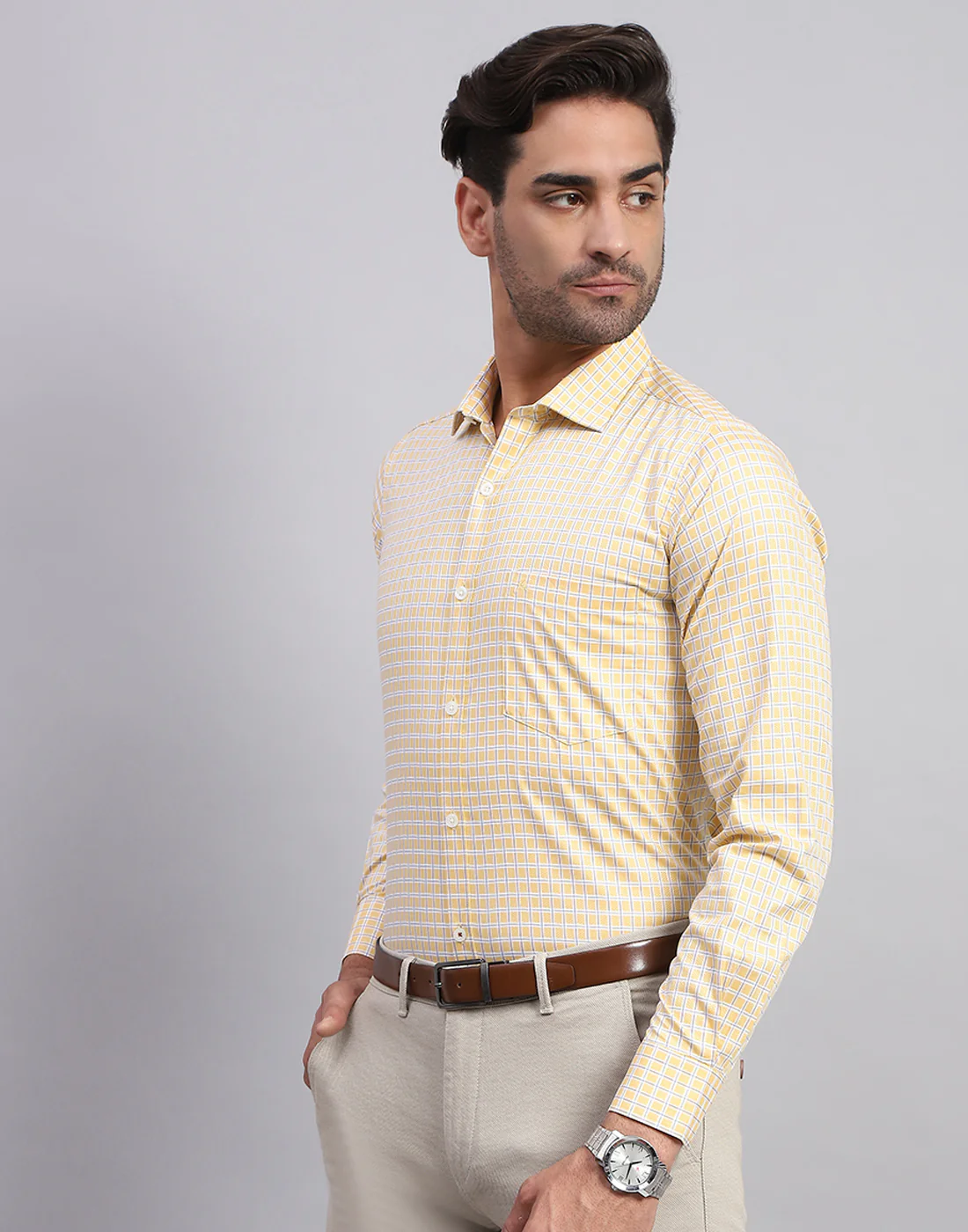 Men Yellow Check Collar Full Sleeve Shirt - Image 3