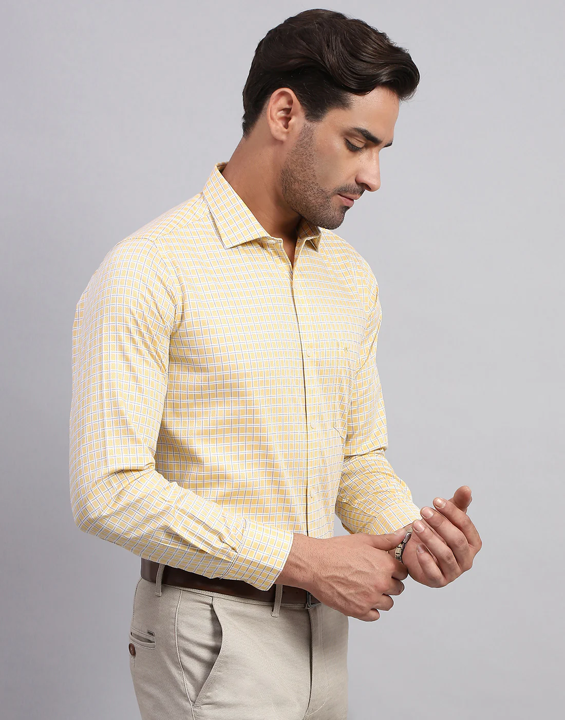 Men Yellow Check Collar Full Sleeve Shirt - Image 4