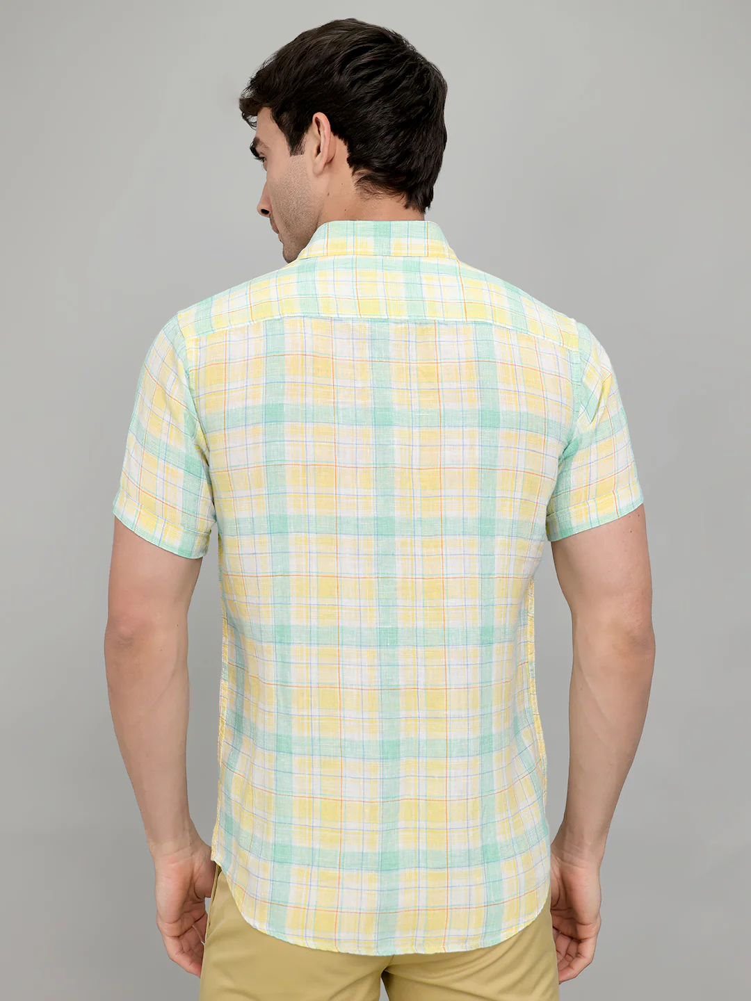 Men Yellow Check Collar Half Sleeve Shirt - Image 5