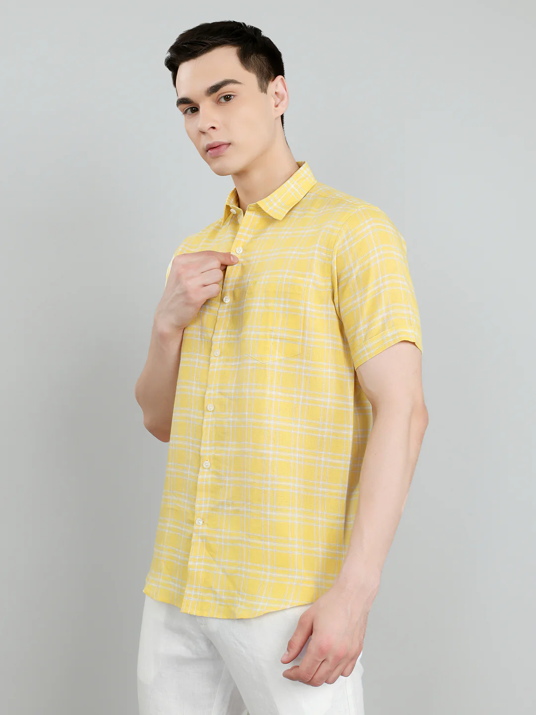 Men Yellow Check Collar Half Sleeve Shirt - Image 2