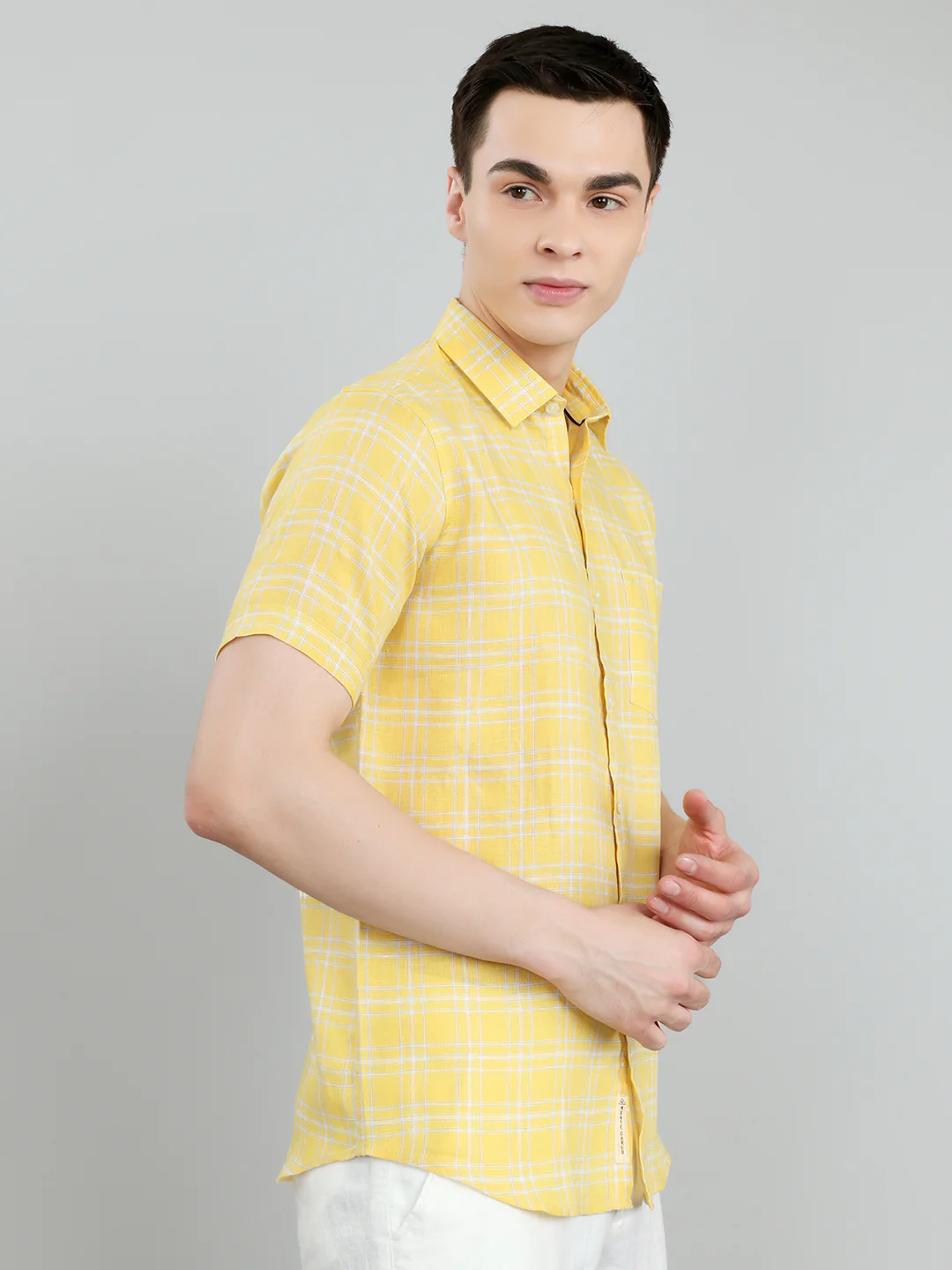 Men Yellow Check Collar Half Sleeve Shirt - Image 3