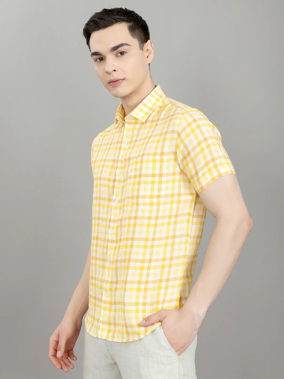 Men Yellow Check Collar Half Sleeve Shirt - Image 2