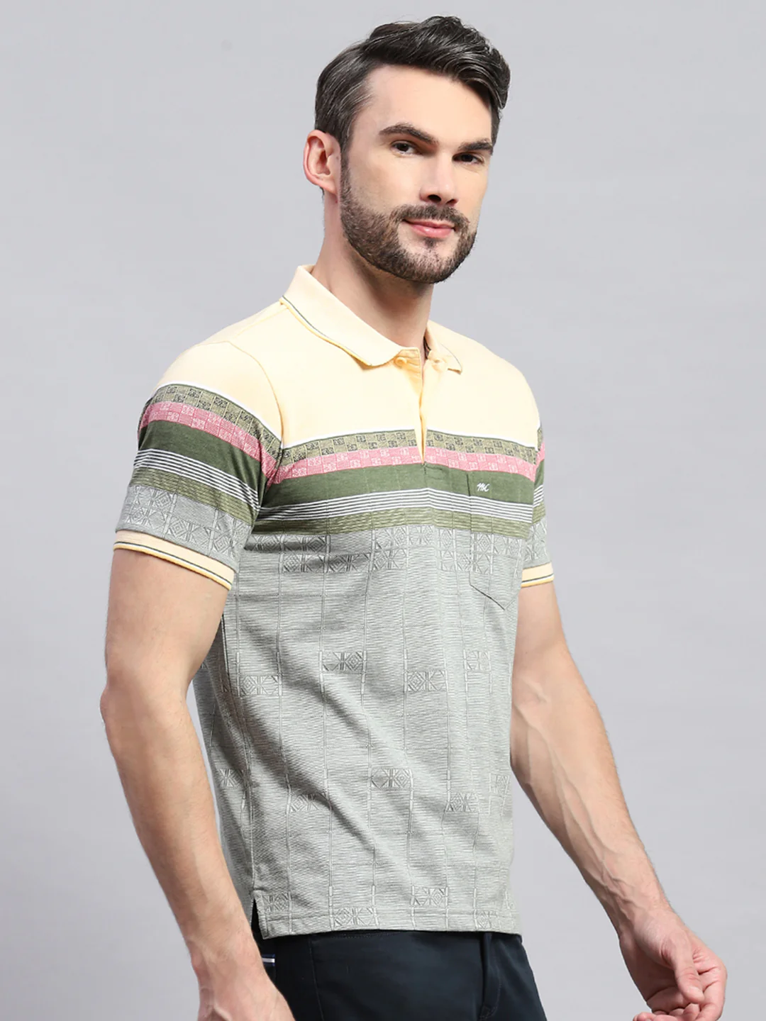 Men Yellow & Olive Stripe Collar Half Sleeve T-Shirt - Image 4