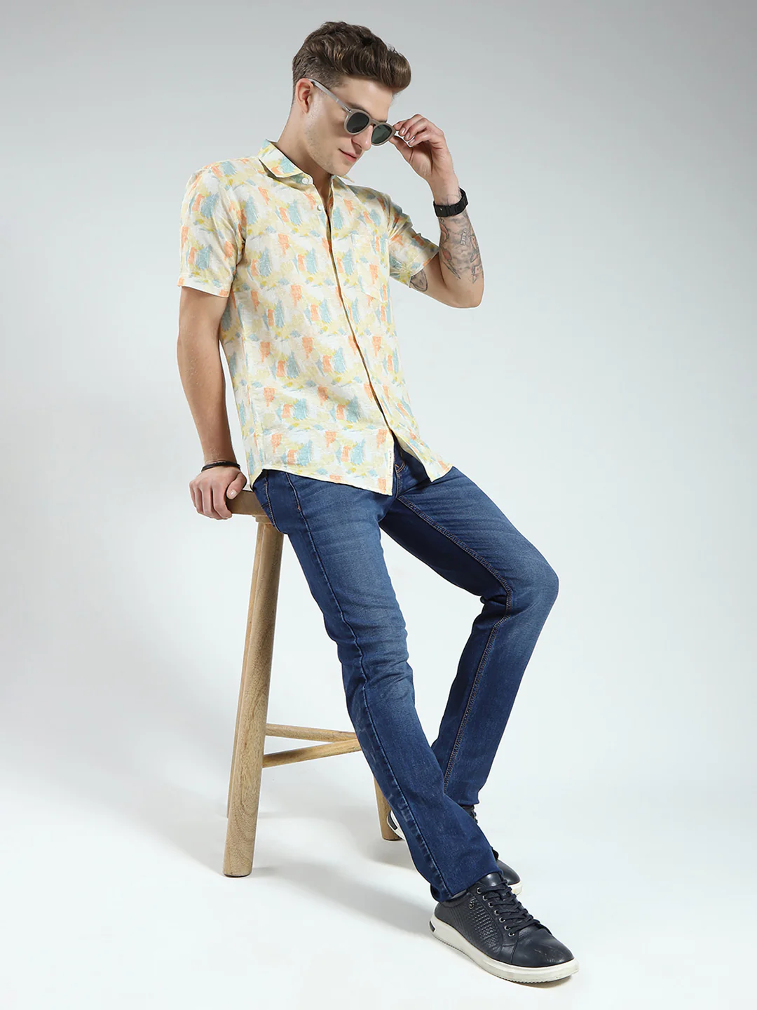 Men Yellow Printed Collar Half Sleeve Linen Shirt - Image 2