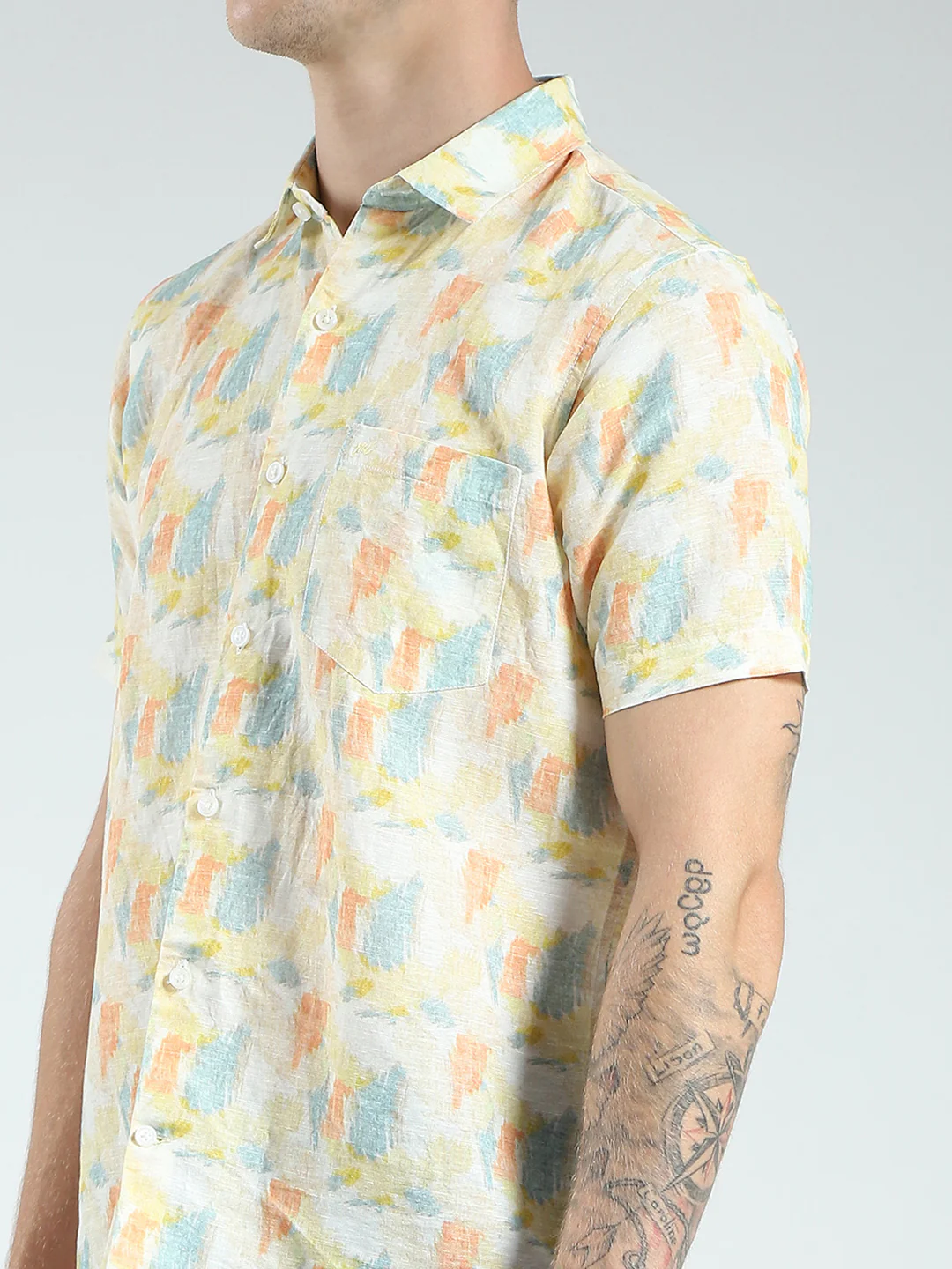 Men Yellow Printed Collar Half Sleeve Linen Shirt - Image 7