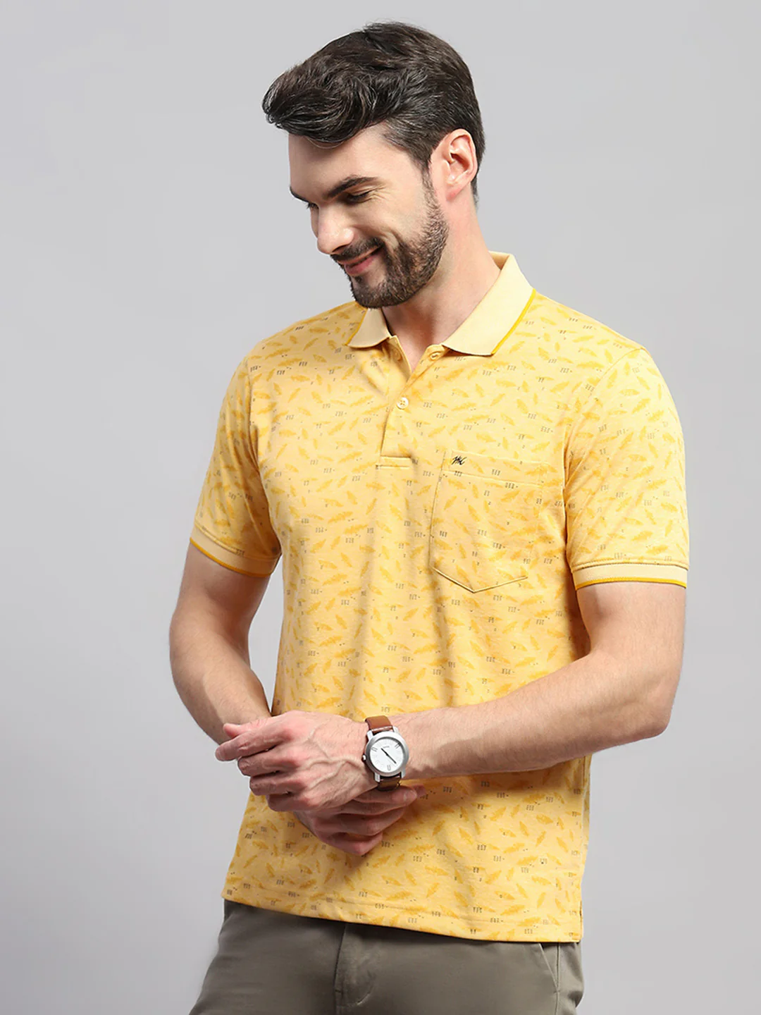 Men Yellow Printed Collar Half Sleeve T-Shirt - Image 3