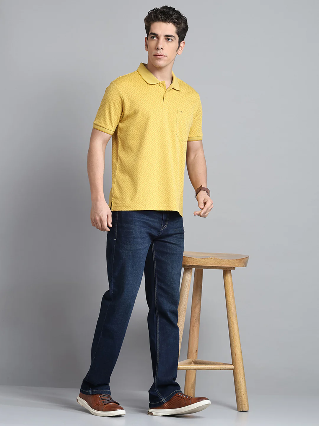Men Yellow Printed Collar Half Sleeve T-Shirt - Image 2