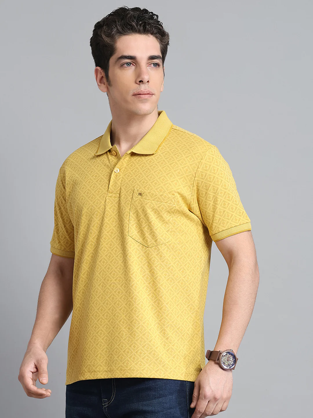 Men Yellow Printed Collar Half Sleeve T-Shirt - Image 3