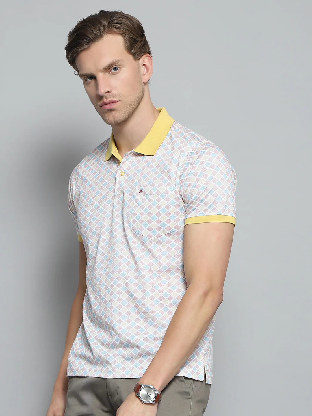 Men Yellow Printed Collar Half Sleeve T-Shirt - Image 3