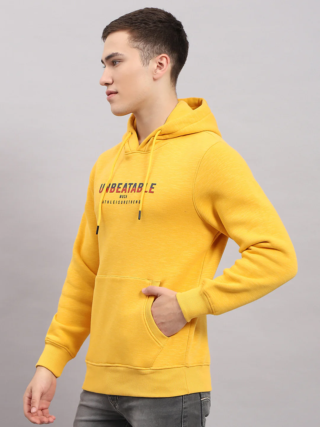 Men Yellow Printed Hooded Full Sleeve Sweatshirt - Image 3