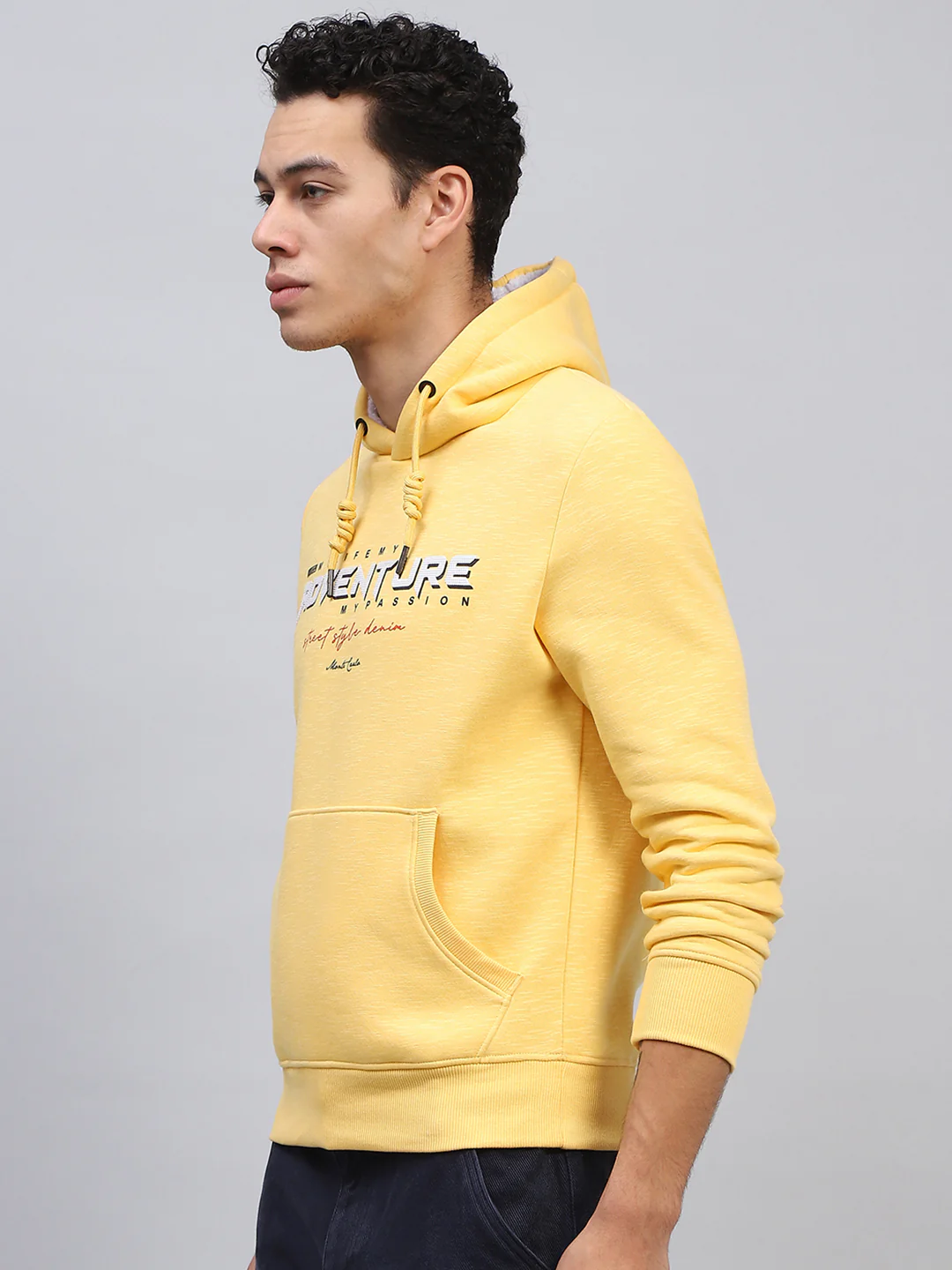 Men Yellow Printed Hooded Full Sleeve Sweatshirt - Image 3