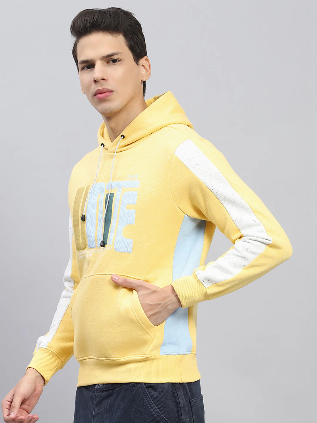 Men Yellow Printed Hooded Full Sleeve Sweatshirt - Image 3