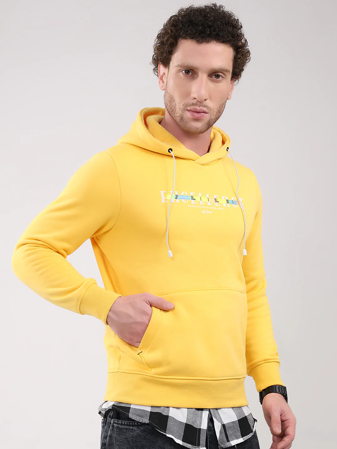 Men Yellow Printed Hooded Full Sleeve Sweatshirt - Image 4