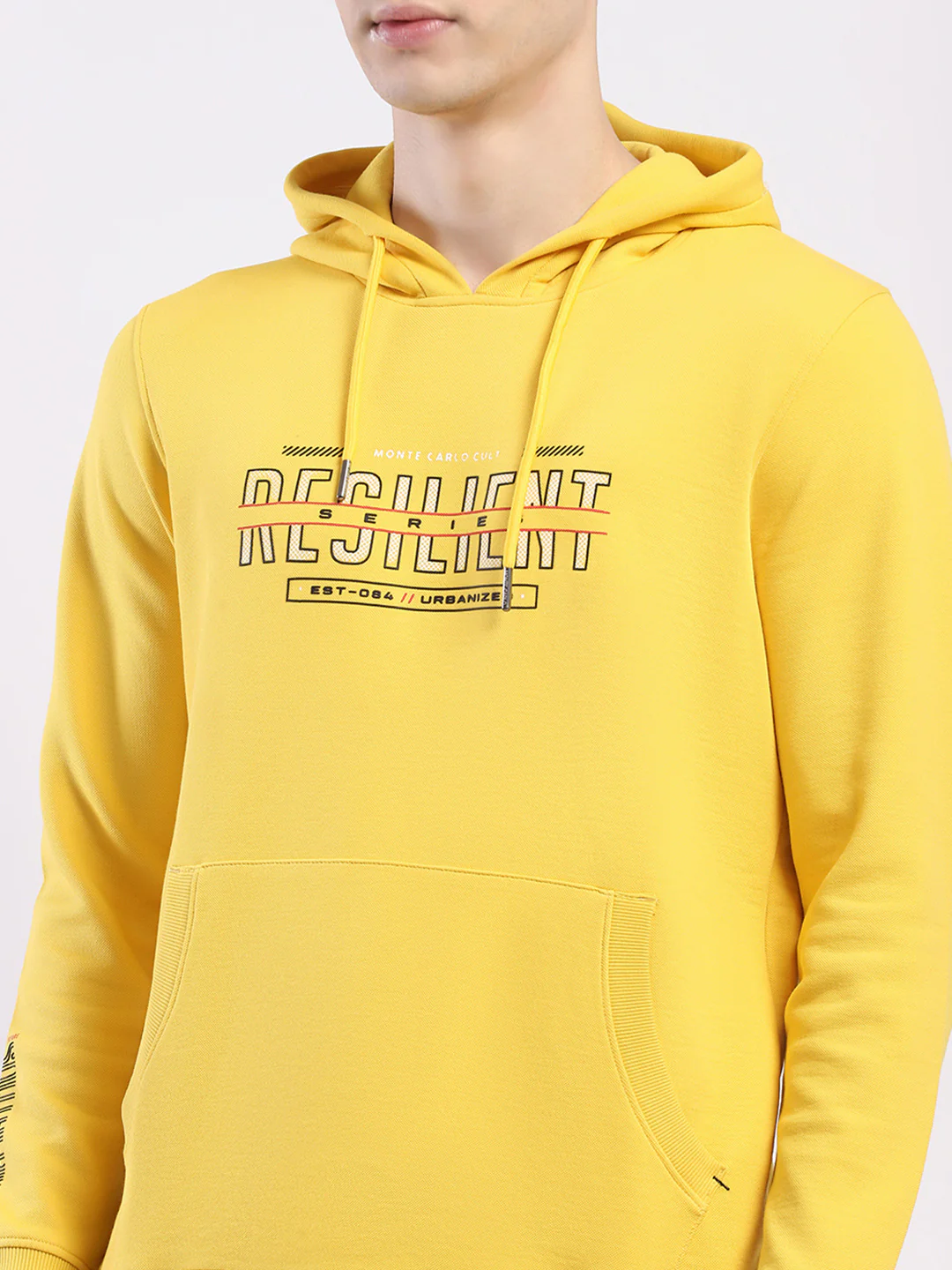 Men Yellow Printed Hooded Full Sleeve Winter T-Shirt - Image 8