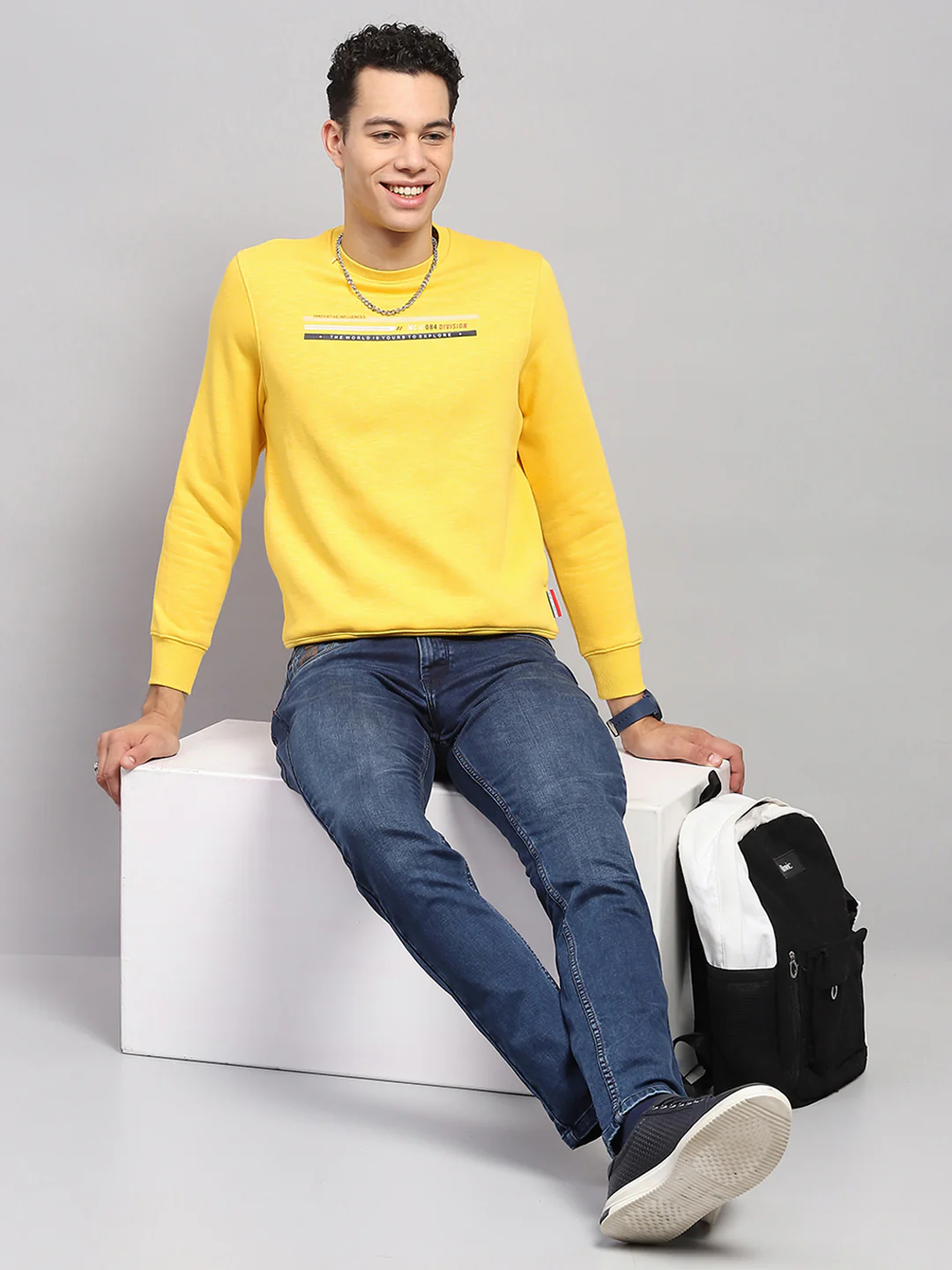 Men Yellow Printed Round Neck Full Sleeve Sweatshirt - Image 2