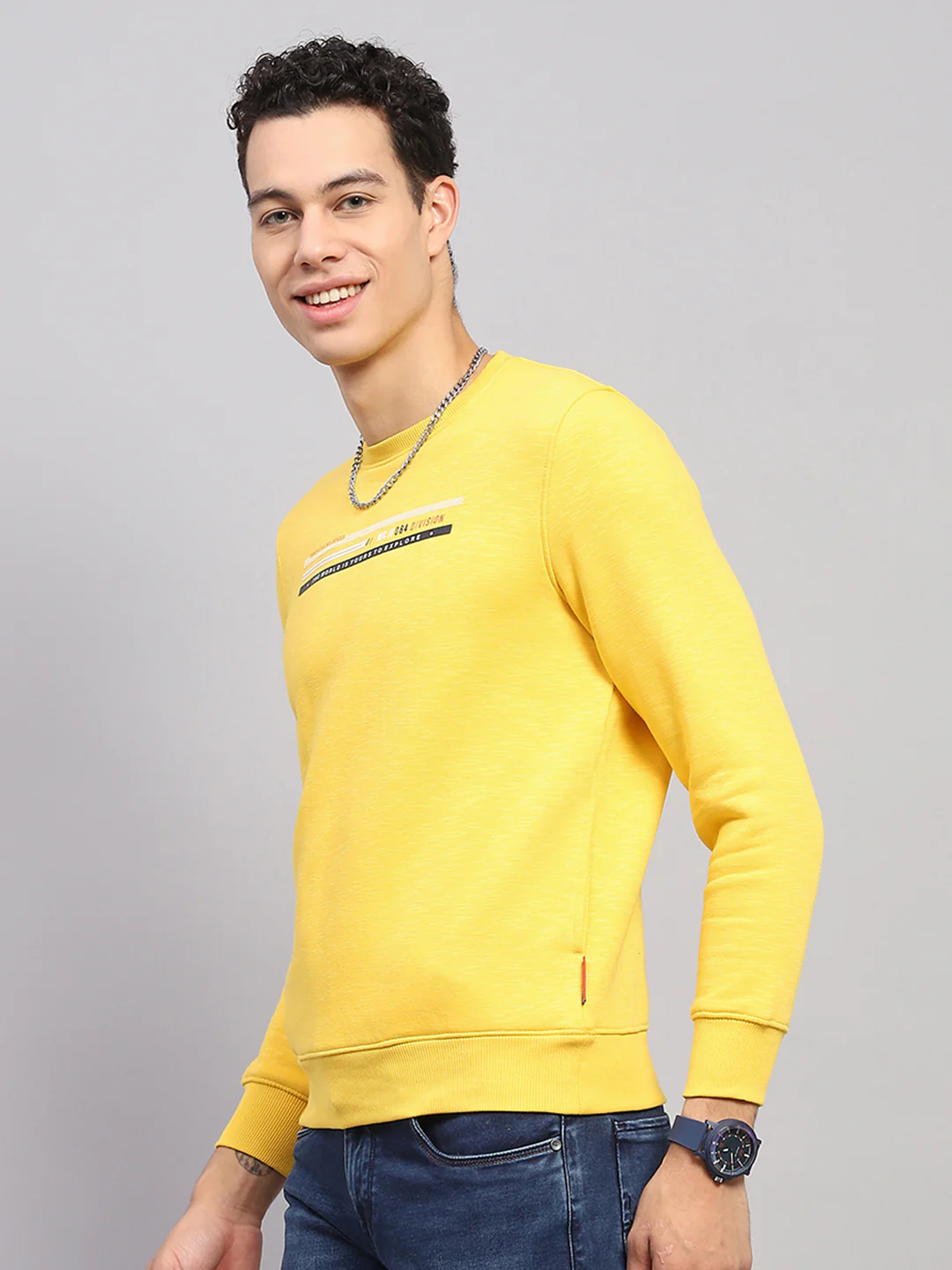 Men Yellow Printed Round Neck Full Sleeve Sweatshirt - Image 3