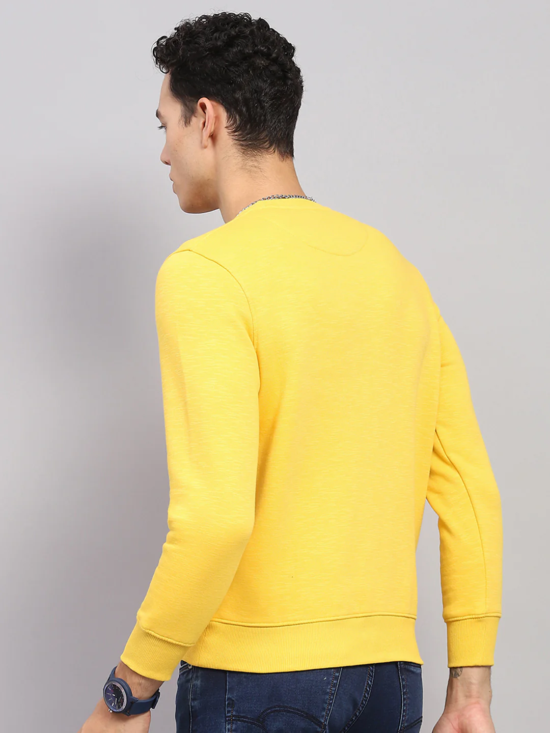 Men Yellow Printed Round Neck Full Sleeve Sweatshirt - Image 5