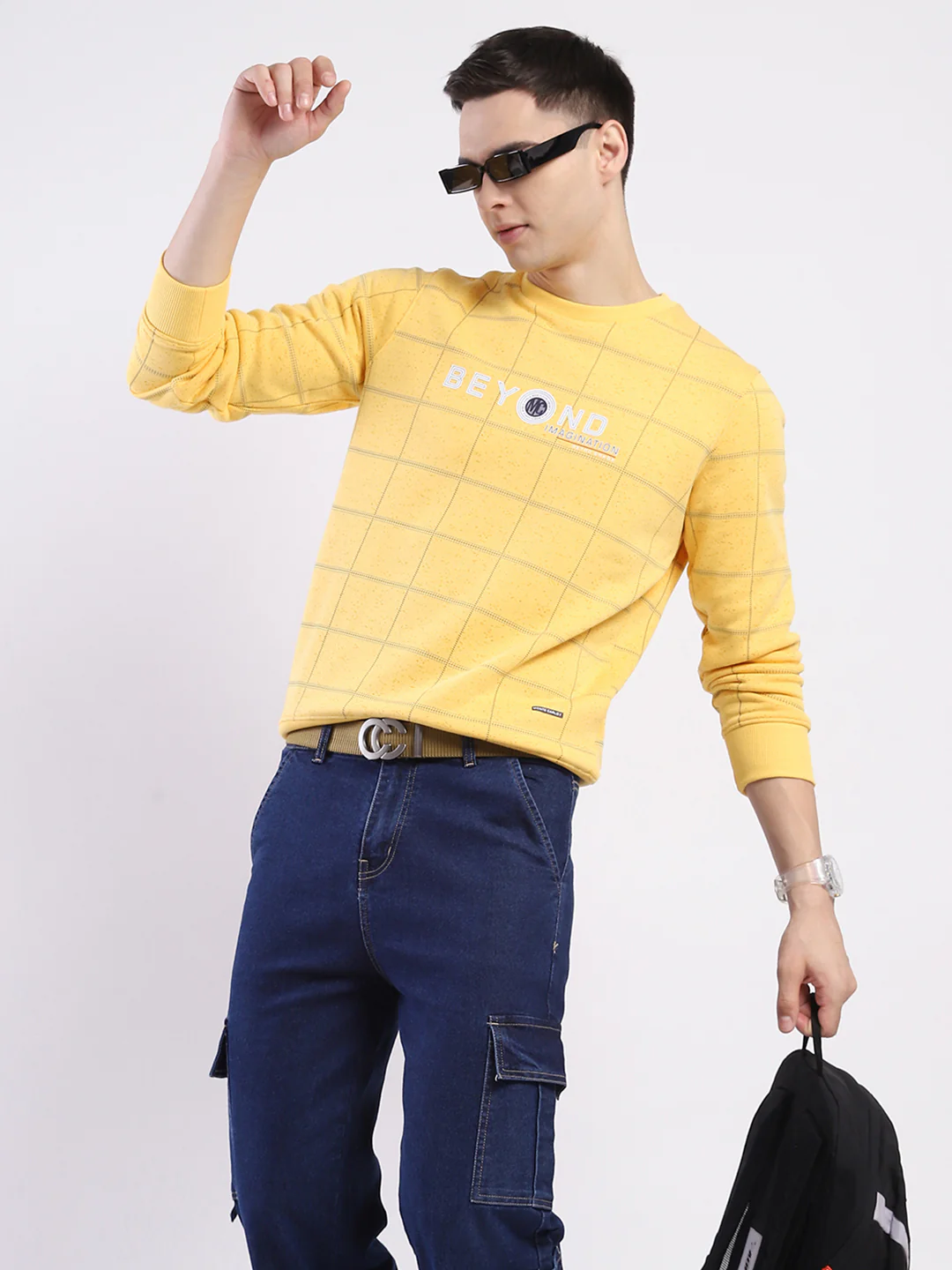 Men Yellow Printed Round Neck Full Sleeve Sweatshirt - Image 6