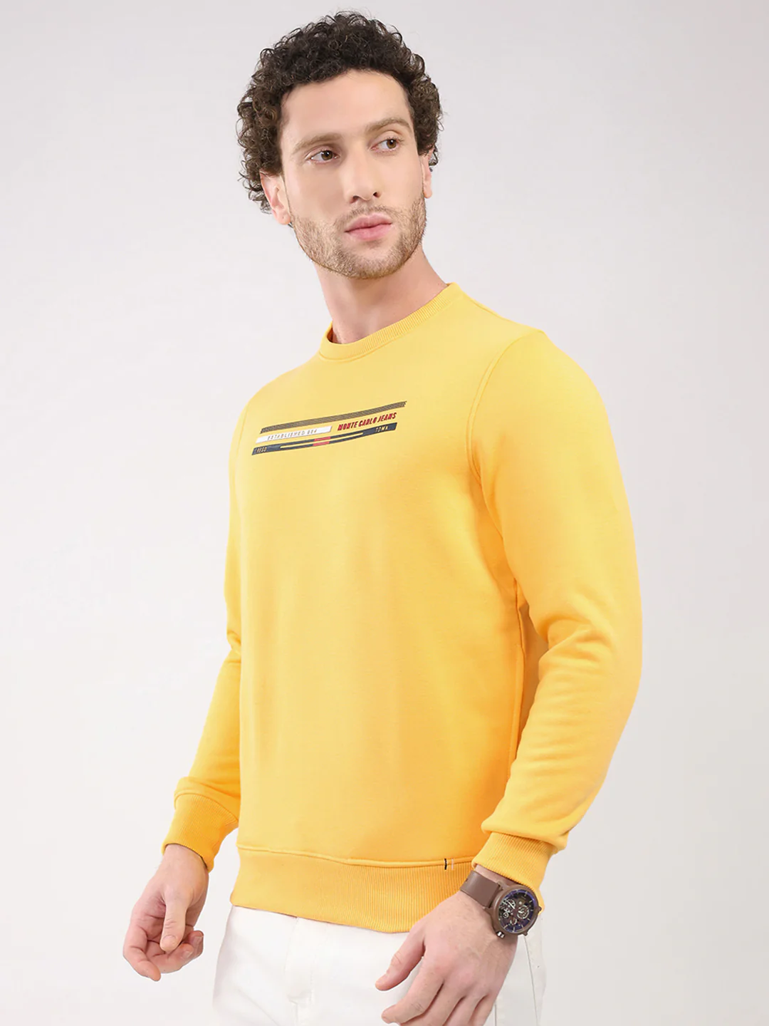 Men Yellow Printed Round Neck Full Sleeve Sweatshirt - Image 3