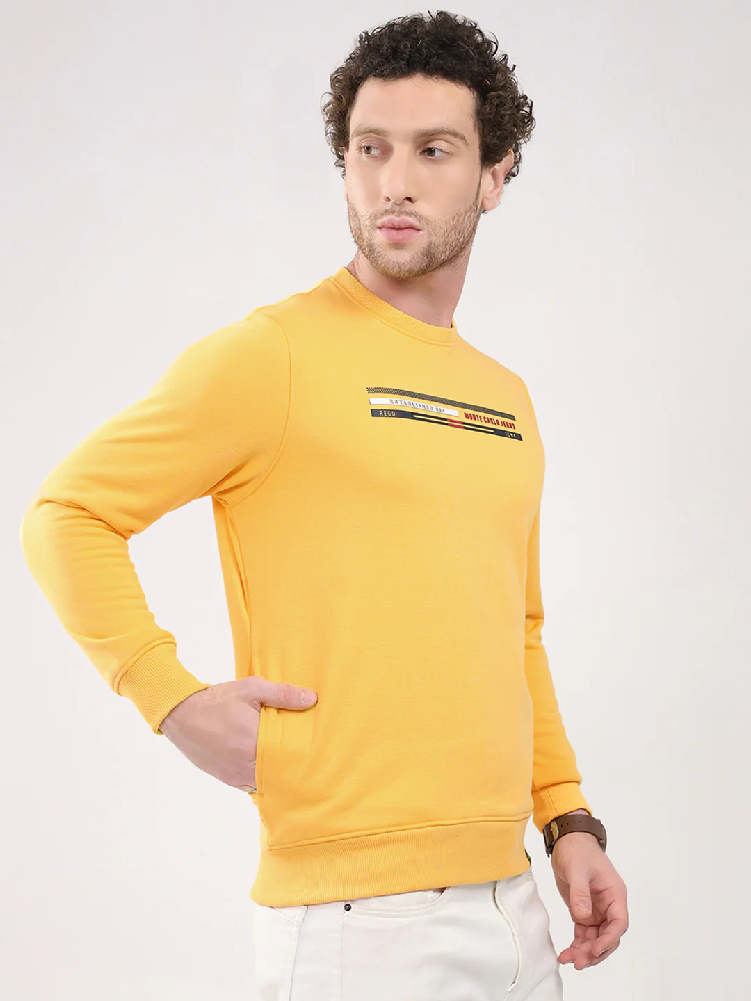 Men Yellow Printed Round Neck Full Sleeve Sweatshirt - Image 4