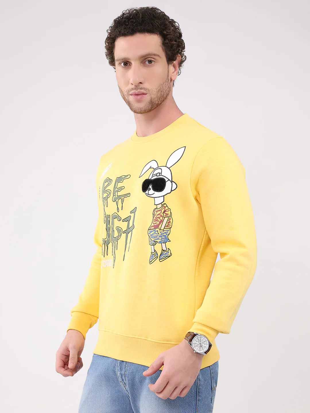 Men Yellow Printed Round Neck Full Sleeve Sweatshirt - Image 3