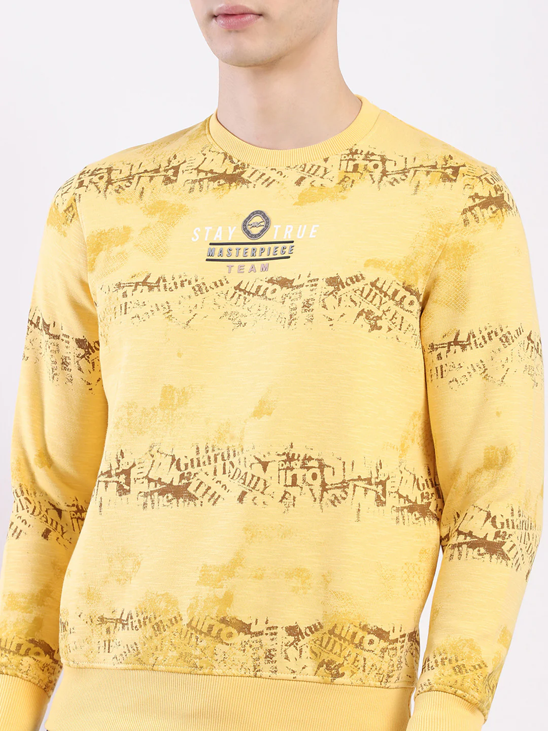 Men Yellow Printed Round Neck Full Sleeve Sweatshirt - Image 6
