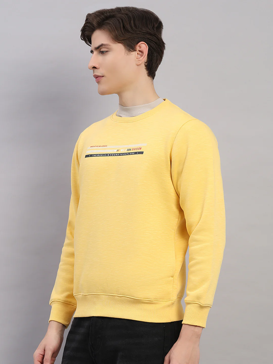Men Yellow Printed Round Neck Full Sleeve Sweatshirt - Image 3