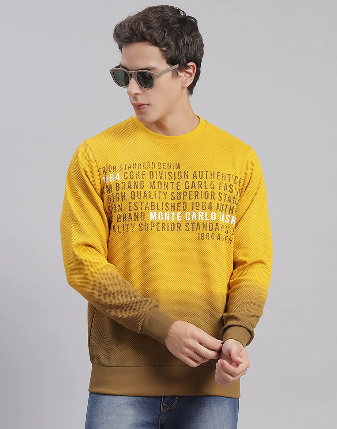 Men Yellow Printed Round Neck Full Sleeve Sweatshirts - Image 2