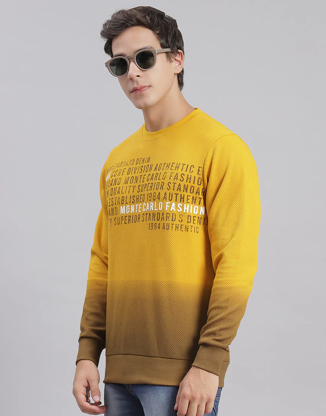 Men Yellow Printed Round Neck Full Sleeve Sweatshirts - Image 3
