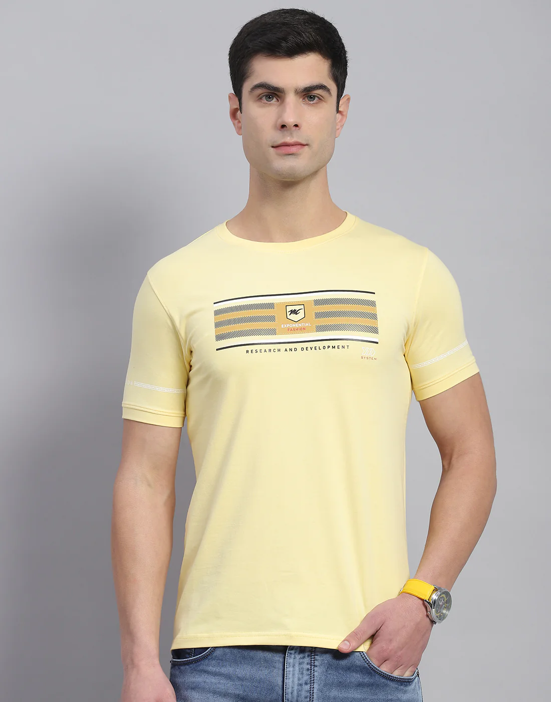 Men Yellow Printed Round Neck Half Sleeve T-Shirt - Image 3