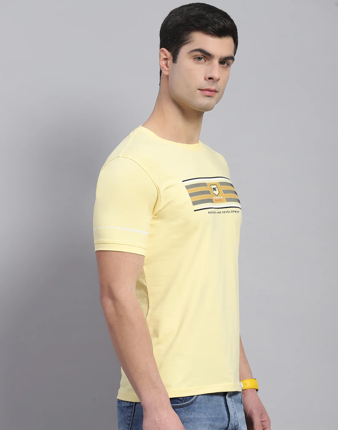 Men Yellow Printed Round Neck Half Sleeve T-Shirt - Image 5