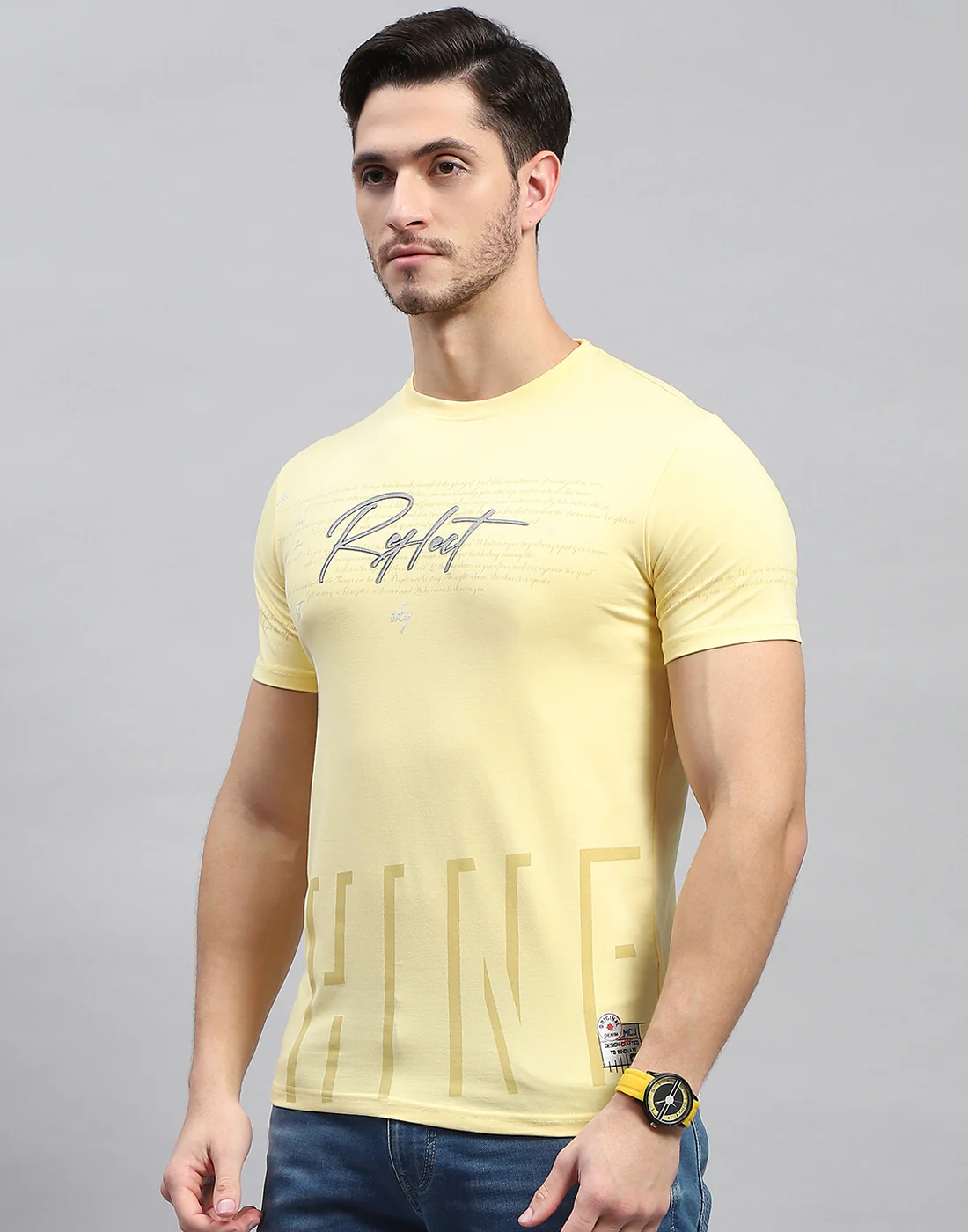 Men Yellow Printed Round Neck Half Sleeve T-Shirt - Image 3
