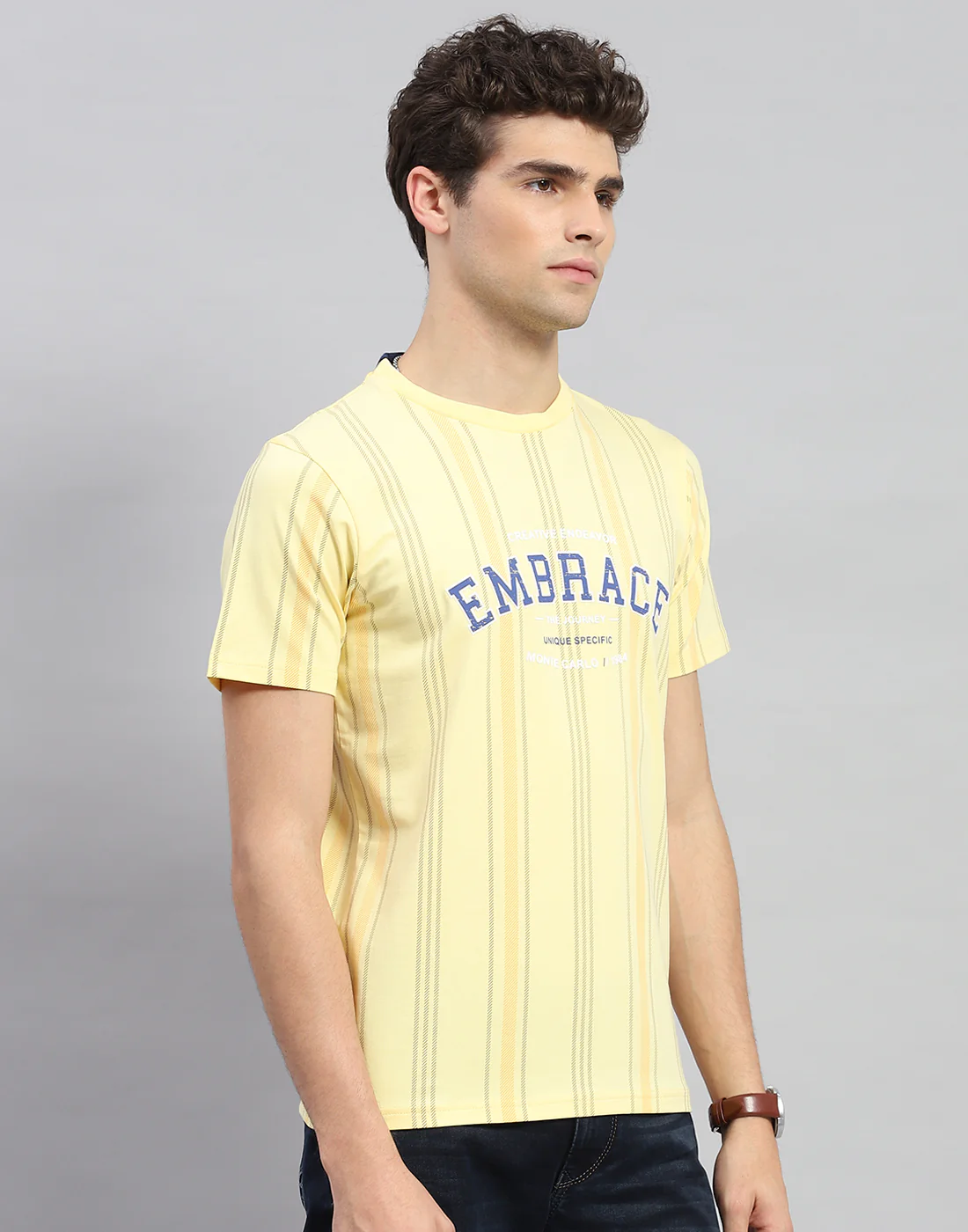 Men Yellow Printed Round Neck Half Sleeve T-Shirt - Image 4