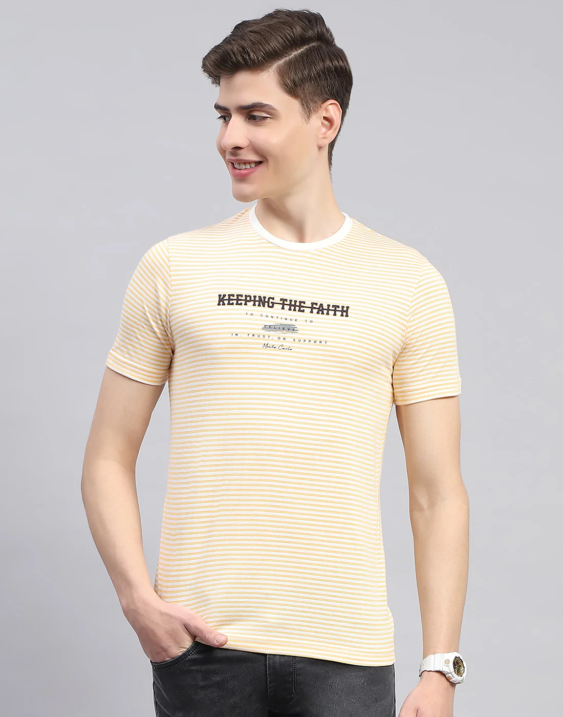 Men Yellow Printed Round Neck Half Sleeve T-Shirt - Image 2