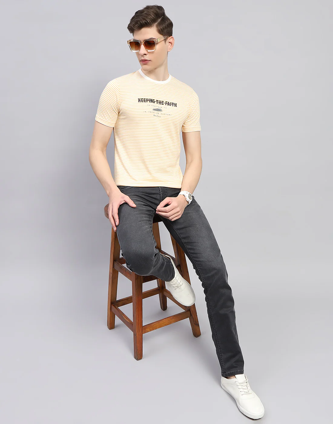 Men Yellow Printed Round Neck Half Sleeve T-Shirt - Image 5