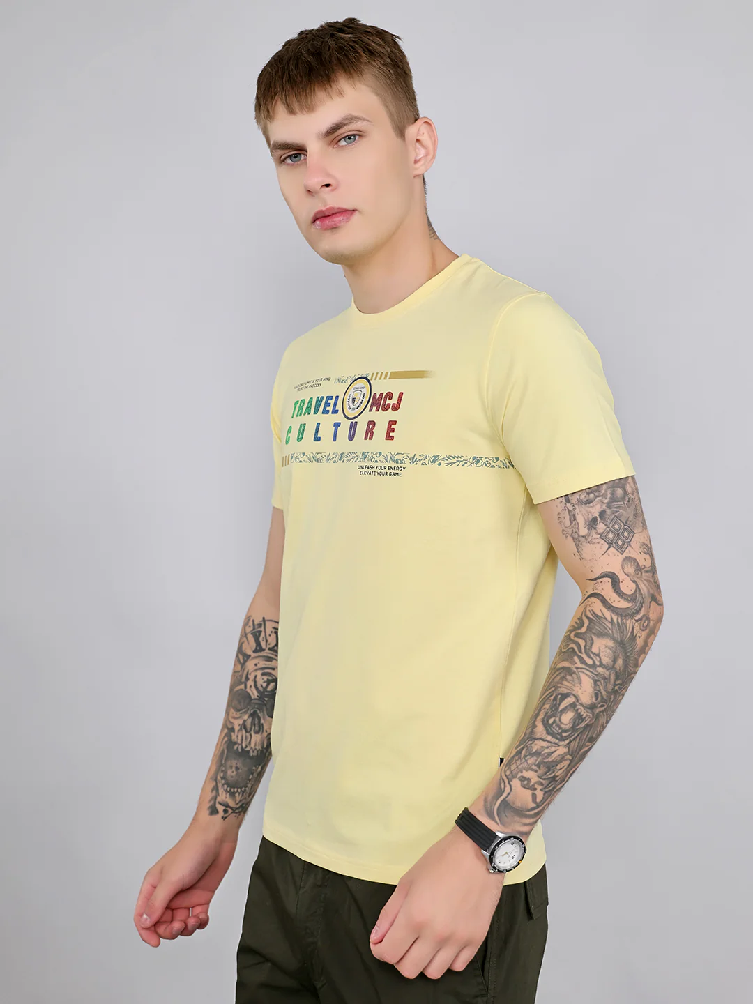 Men Yellow Printed Round Neck Half Sleeve T-Shirt - Image 2
