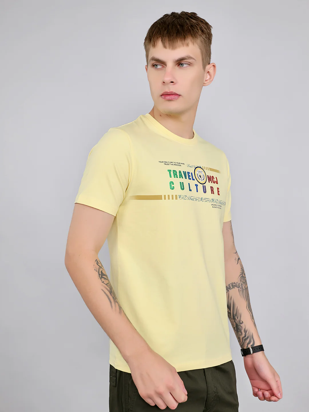 Men Yellow Printed Round Neck Half Sleeve T-Shirt - Image 3