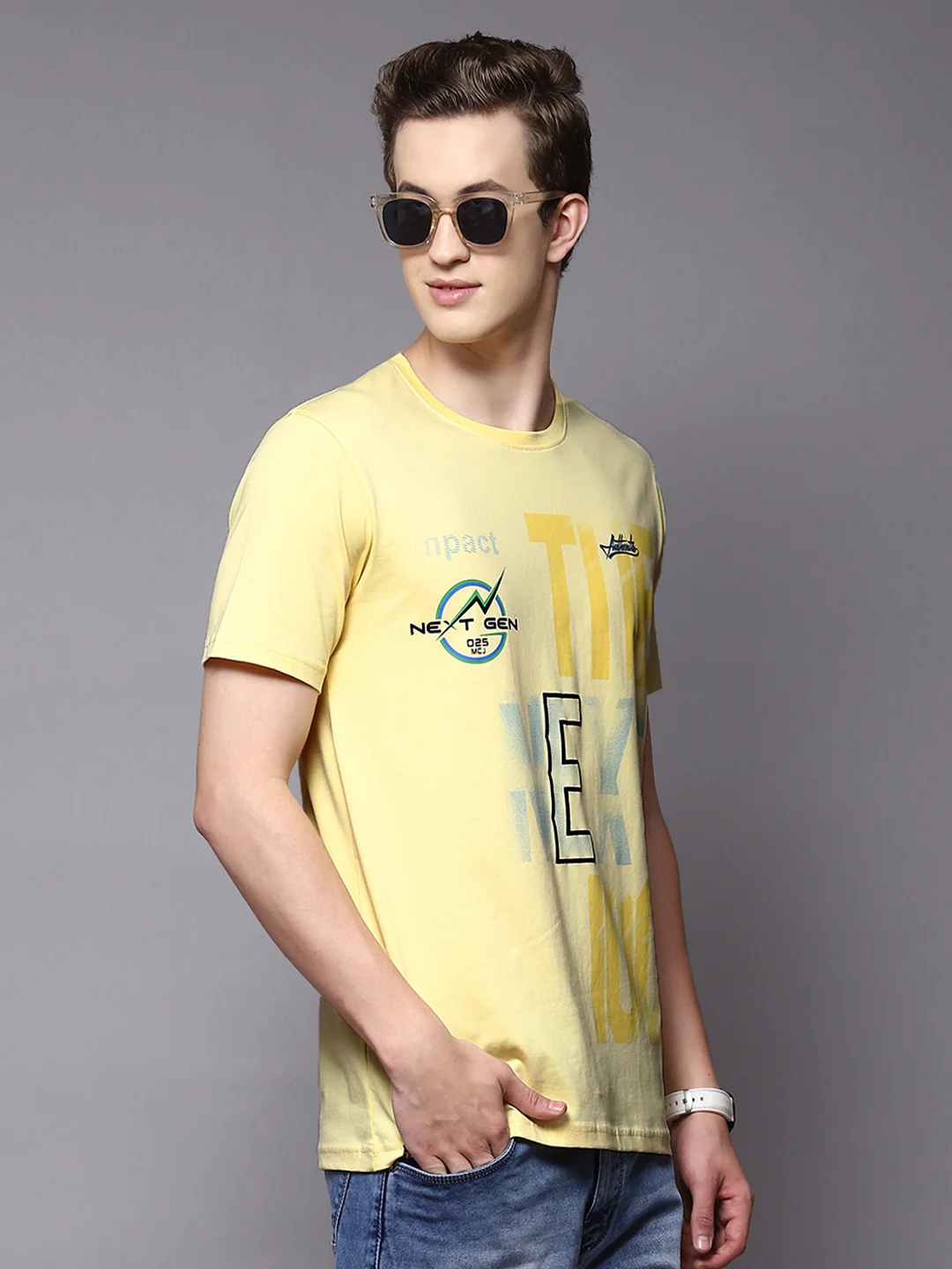 Men Yellow Printed Round Neck Half Sleeve T-Shirts - Image 4