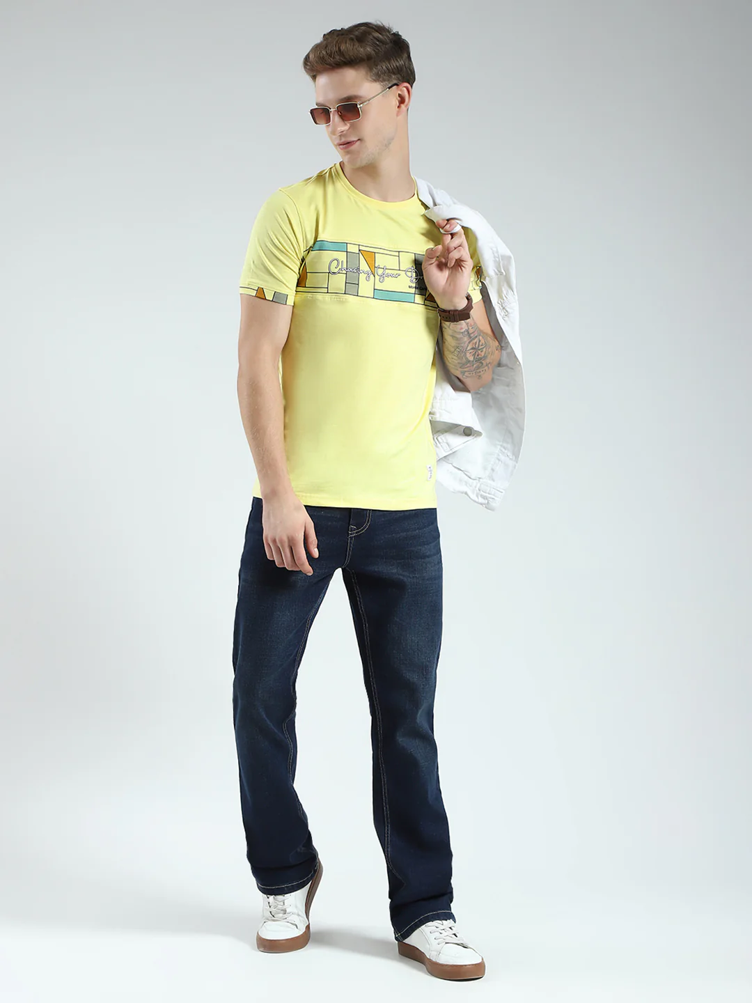 Men Yellow Printed Round Neck Half Sleeve T-Shirt - Image 2