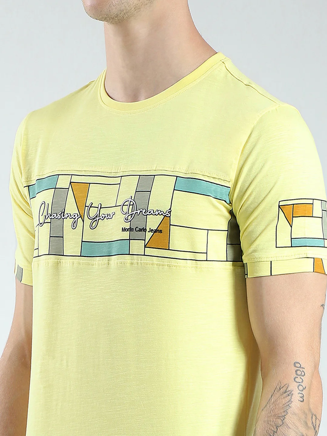 Men Yellow Printed Round Neck Half Sleeve T-Shirt - Image 6