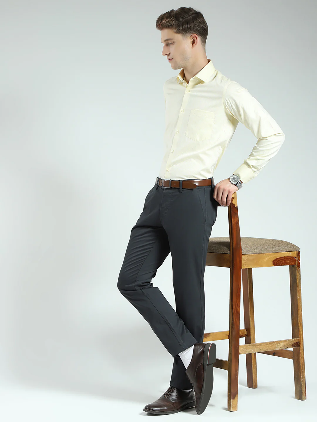 Men Yellow Self Design Collar Full Sleeve Shirt - Image 2