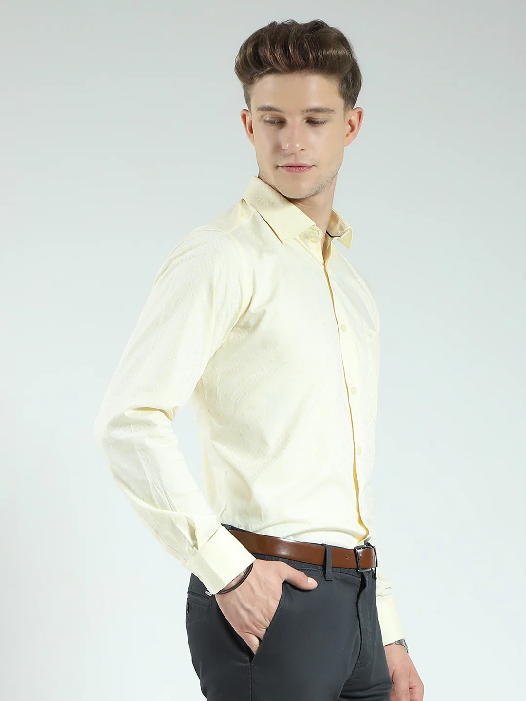 Men Yellow Self Design Collar Full Sleeve Shirt - Image 4
