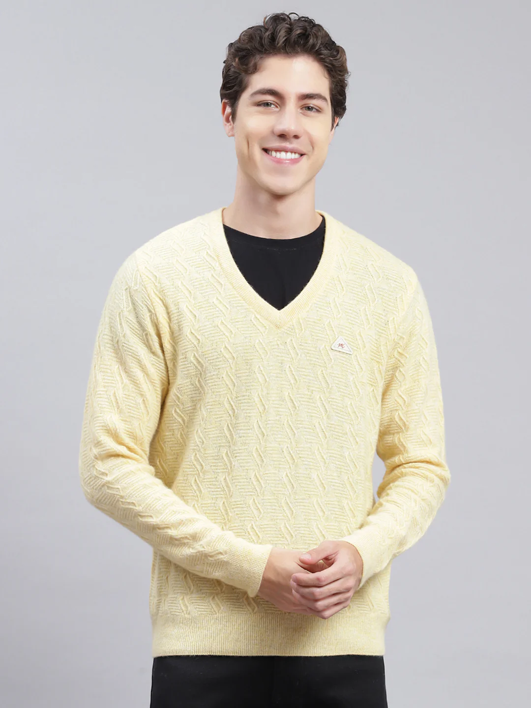 Men Yellow Self Design Lamb wool Pullover - Image 2