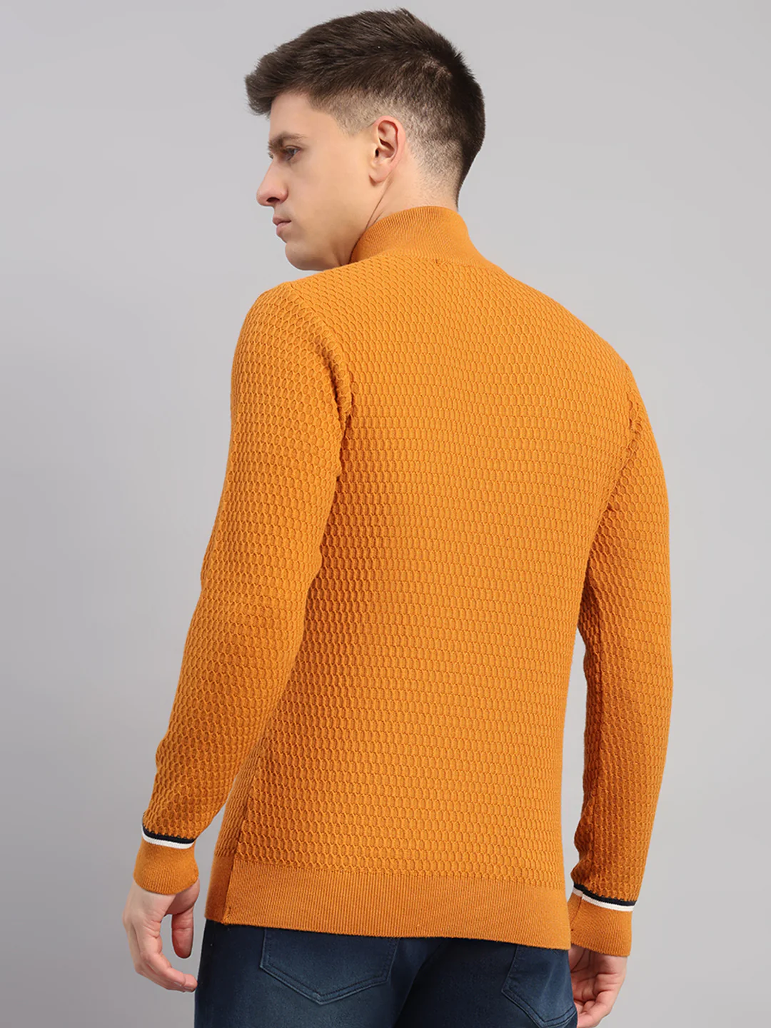 Men Yellow Self Design Round Neck Full Sleeve Pullover - Image 5