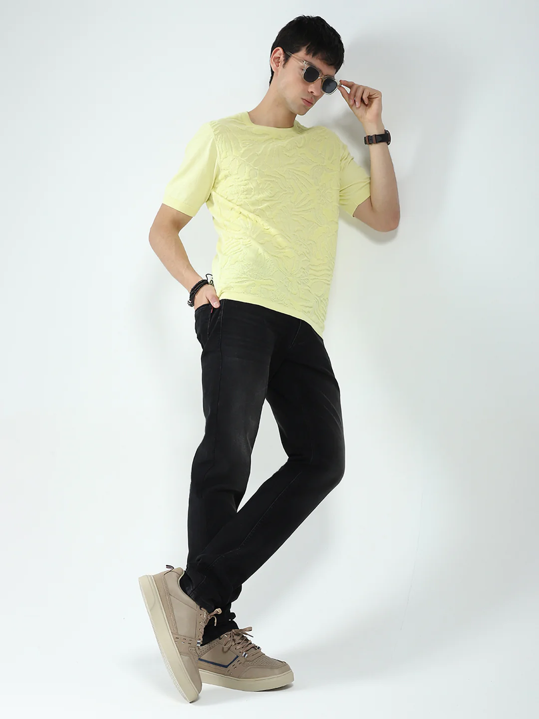 Men Yellow Self Design Round Neck Half Sleeve T-Shirt - Image 2