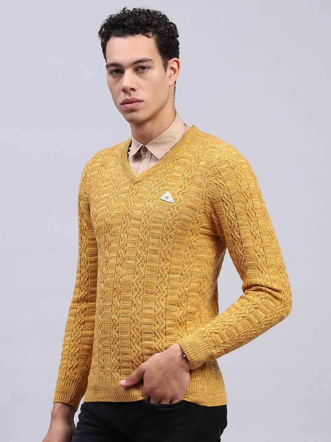 Men Yellow Self Design V Neck Full Sleeve Pullover - Image 3